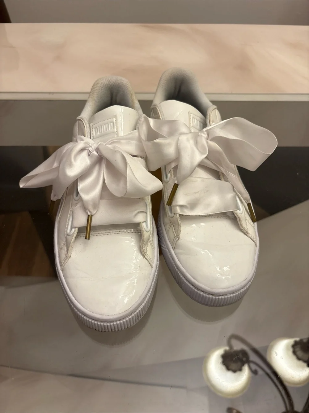 Puma White Patent Leather Sneakers with Satin Bow Laces size 9